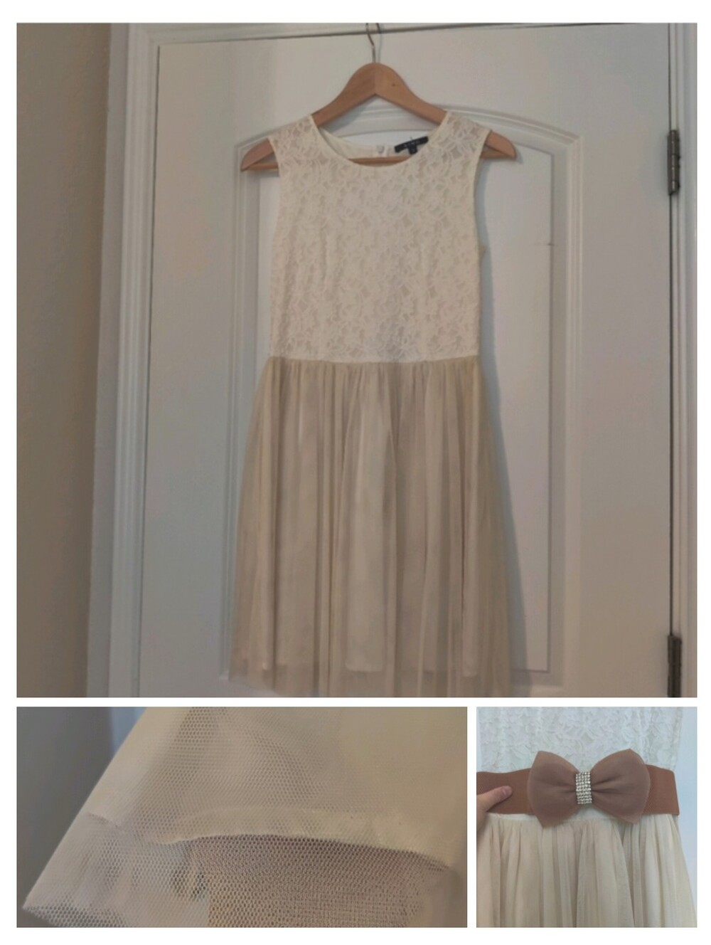 Elegant Cream Lace Dress with Elastic High Waist Bow Belt